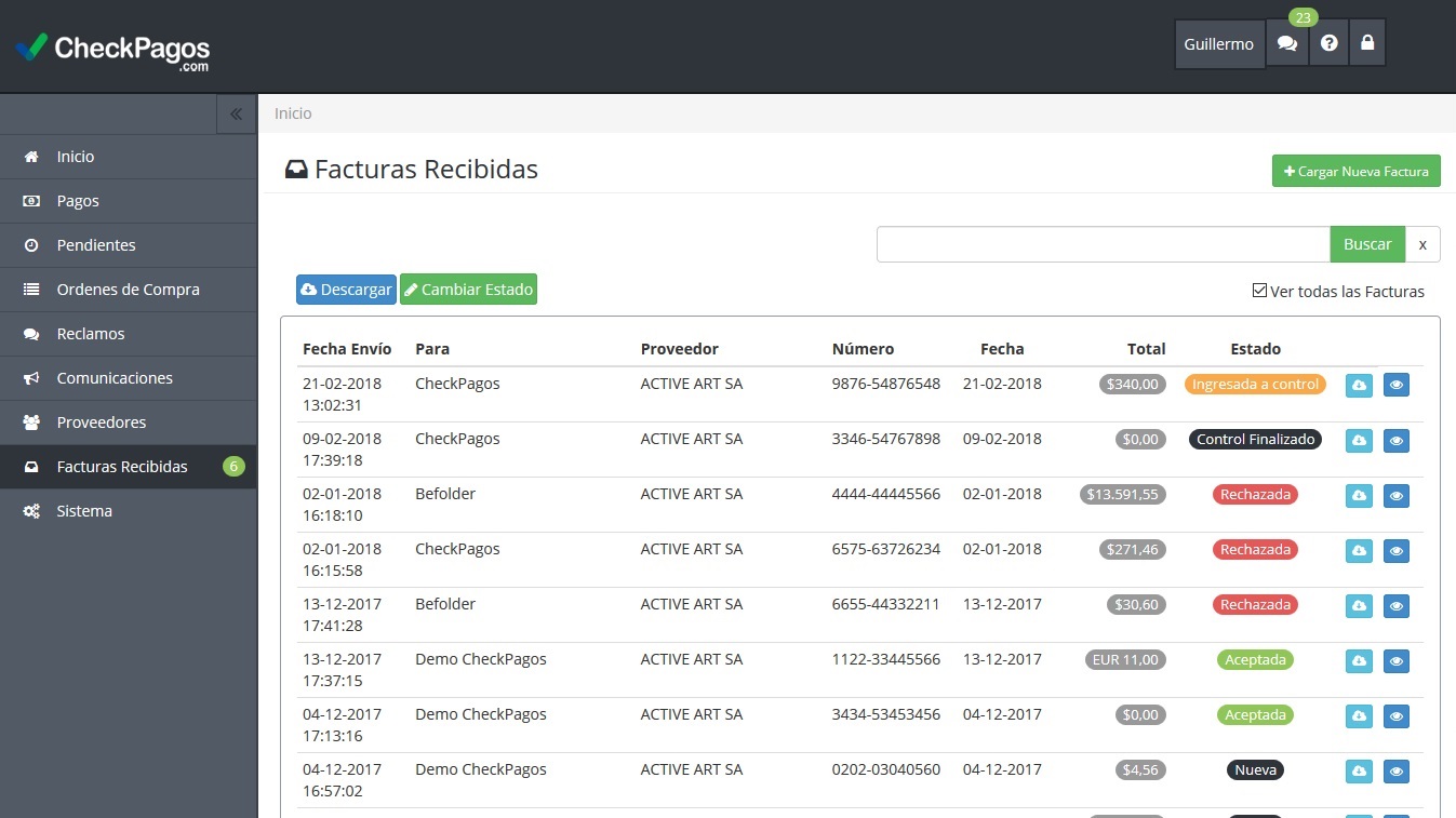 Listado de facturas en CheckPagos